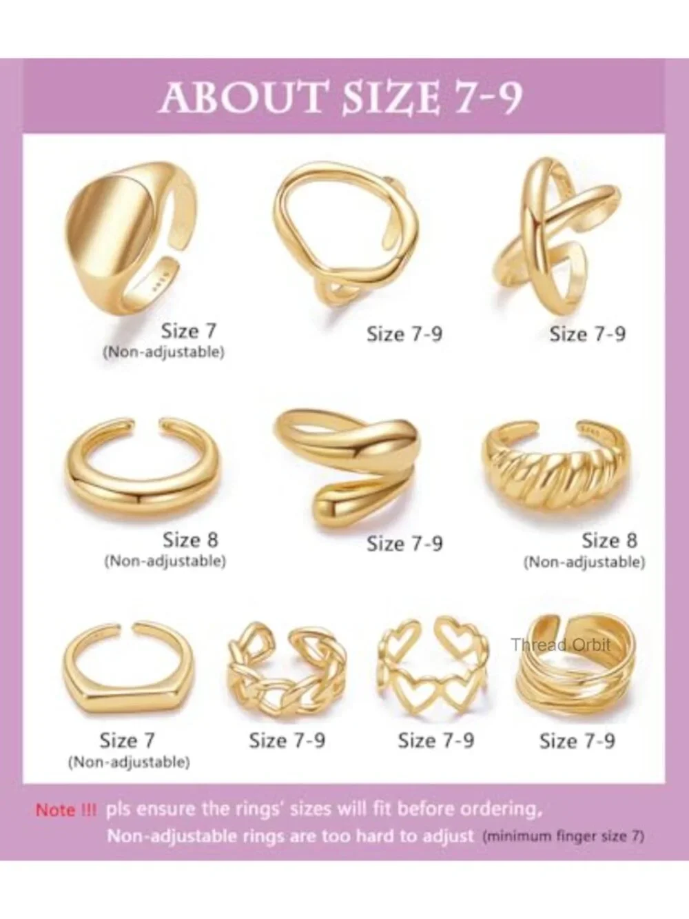 10 Chunky Dome Rings Set 18K Gold Plated Stackable Adjustable